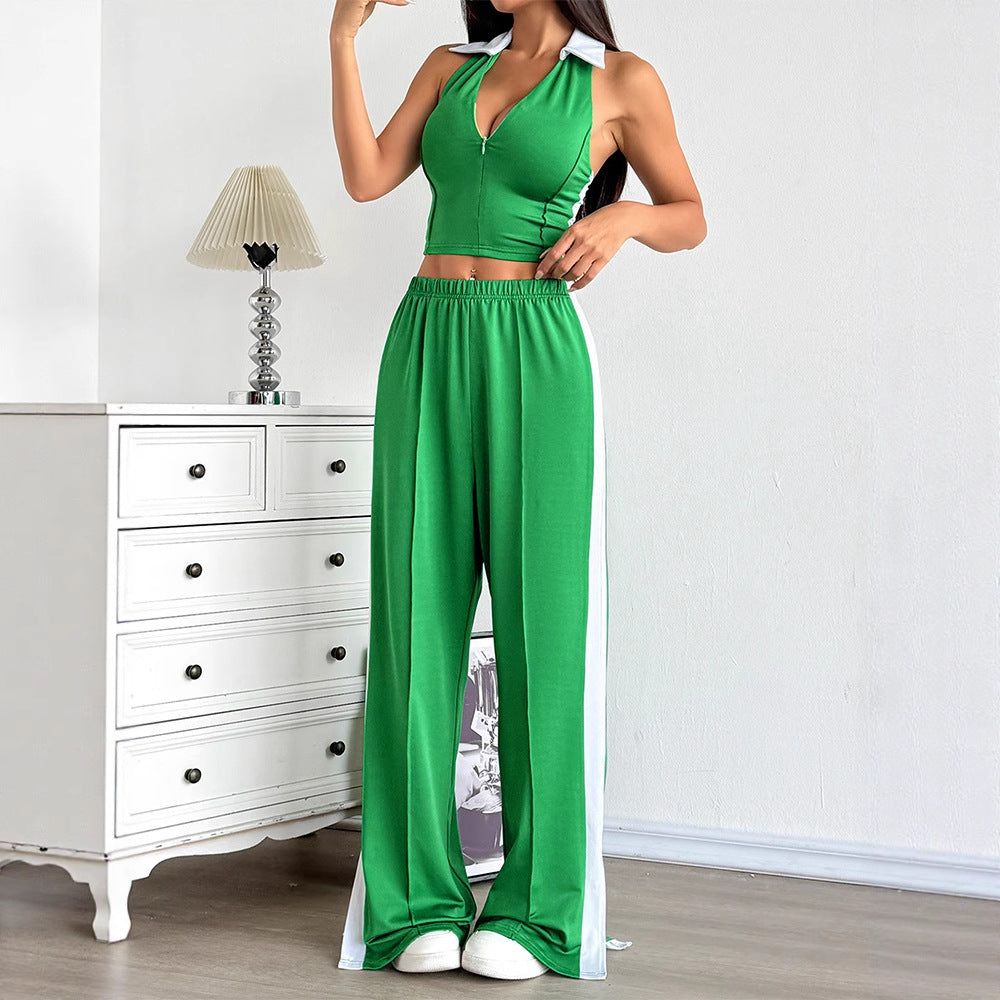 Sexy Backless Halter Top and Loose Long Pants Set