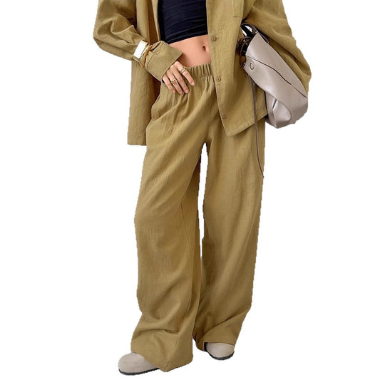 Casual Pink Bamboo Cotton Set Loose Shirt and Long Pants Two-Piece Women's Suit
