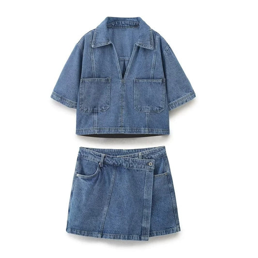 Women's Fashion Denim Short Sleeve Top + Double-breasted Denim Skirt Set