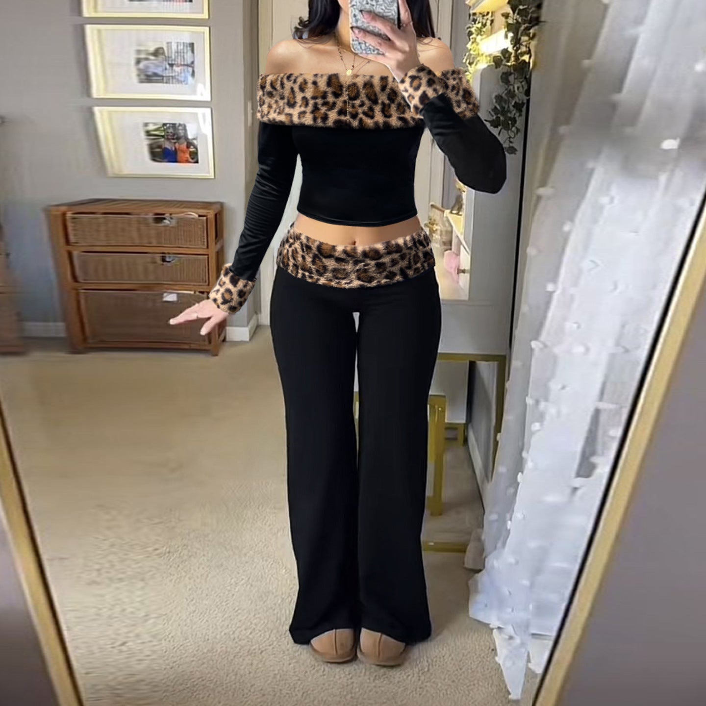 Women's Leopard Print Fuzzy Low Waist Pants One Shoulder Tight Long Sleeve T-Shirt Casual Suit