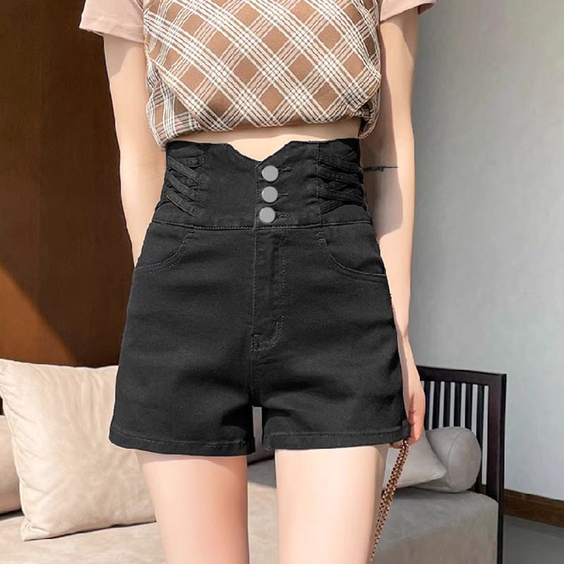 Casual Buttoned Denim A-Line Shorts for Women High-Waisted Slimming Straight-Leg Jeans