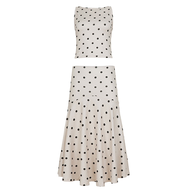 Elegant Polka Dot Sleeveless Short Top Set with Waist-Cinching Bodycon Figure-Flattering Mermaid Long Skirt