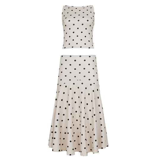 Elegant Polka Dot Sleeveless Short Top Set with Waist-Cinching Bodycon Figure-Flattering Mermaid Long Skirt