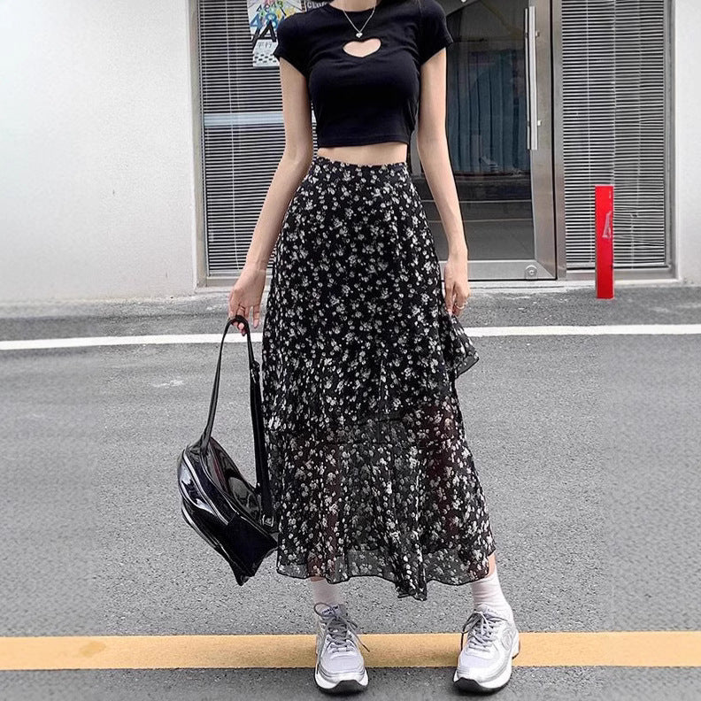 Chiffon Floral Leaf Hem Slit High Waist A-line Skirt Women Spring Summer New Loose Slim Fit Midi Dress