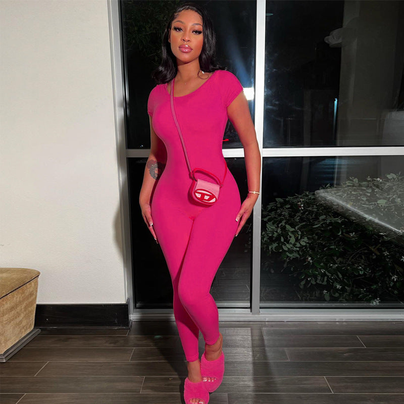 Backless solid color short sleeved jumpsuit