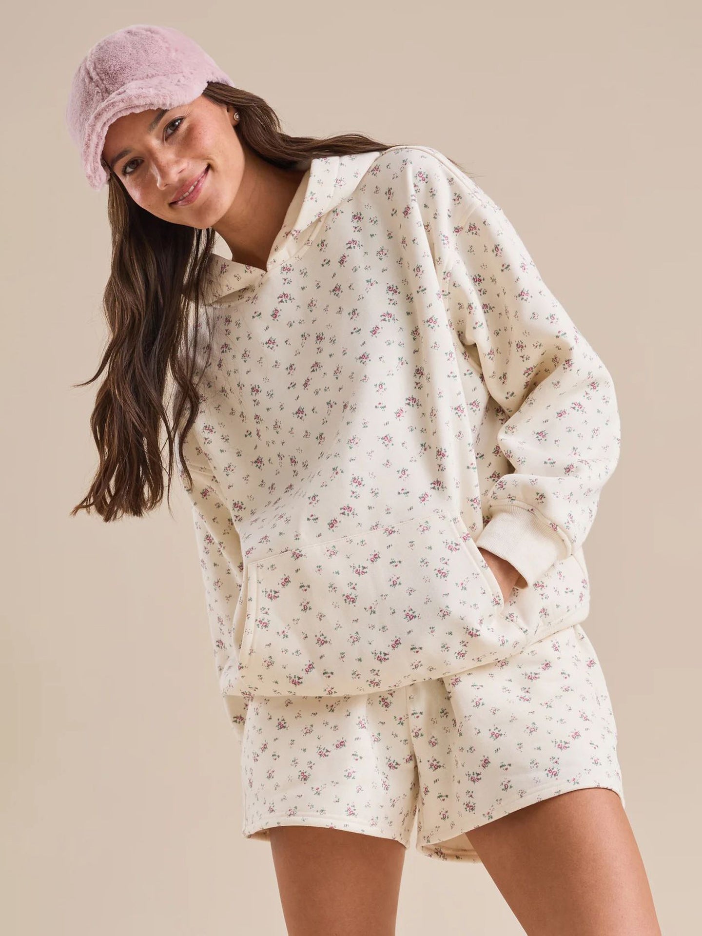 Loose Floral Hooded Sweatshirt High-Waist Sports Shorts Home Leisure Two-Piece Set