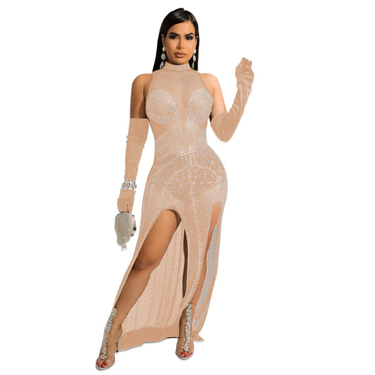 Women's See-through Mesh Hot Drilling Dress