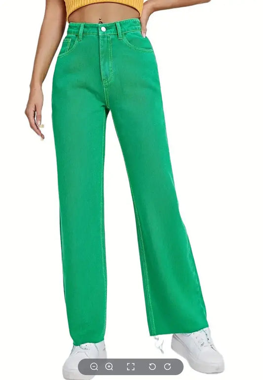 Green High Waist Wide Leg Loose Fit Denim Jeans