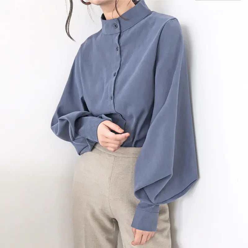Retro Lantern Sleeve Casual Shirt with Stand Collar