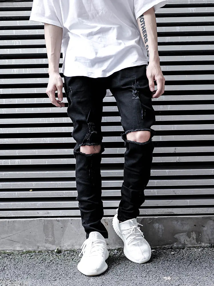 Men's Ripped Black Skinny Jeans with Stretch Fit
