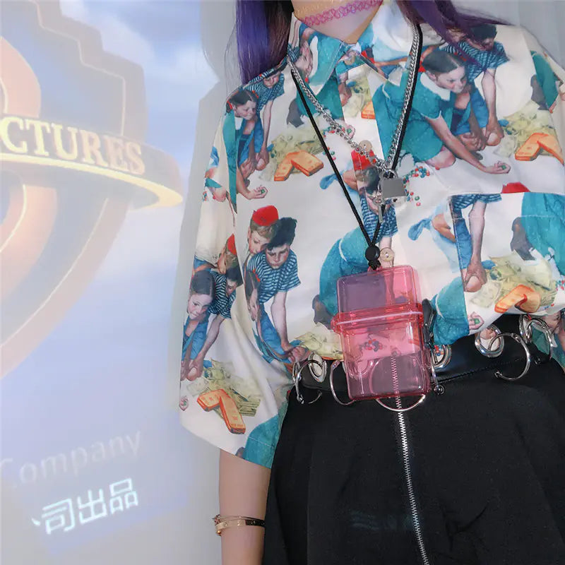 Retro Cartoon Print Loose Short Sleeve Shirt