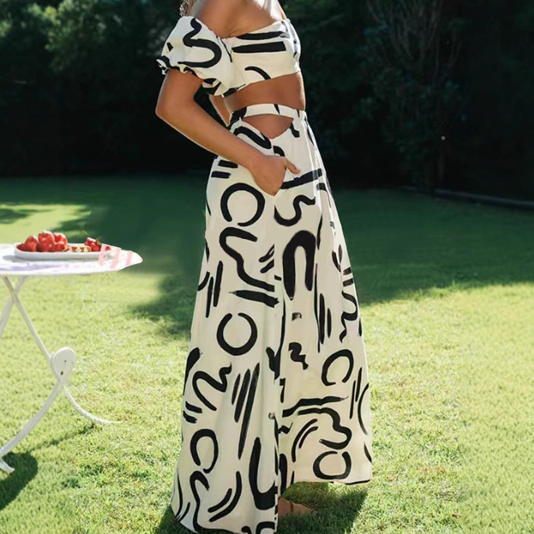 Bubble Sleeve Top Hollow Flare Long Skirt Separated Dress Set