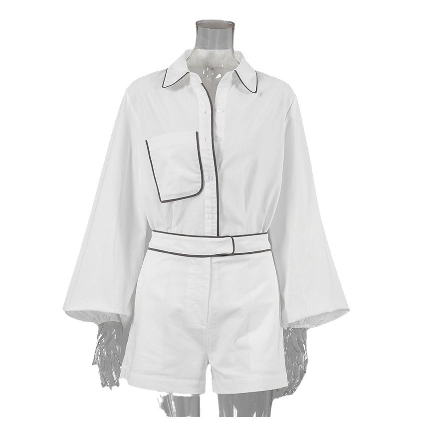 Casual White Cotton Linen Shirt Set Loose Color Block Turn-Down Collar Blouse and Shorts Two-Piece Suit