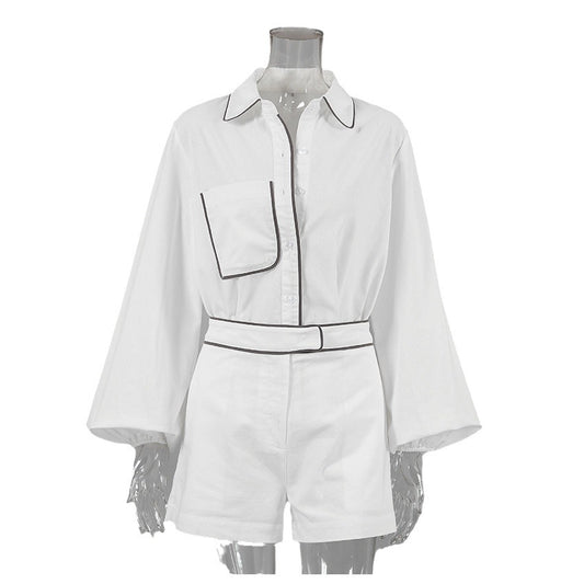 Casual White Cotton Linen Shirt Set Loose Color Block Turn-Down Collar Blouse and Shorts Two-Piece Suit