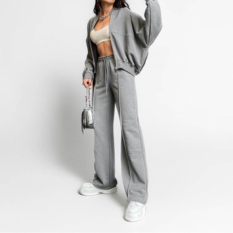 Pure Color Zipper Cardigan Women's  Casual Spring Women's Set