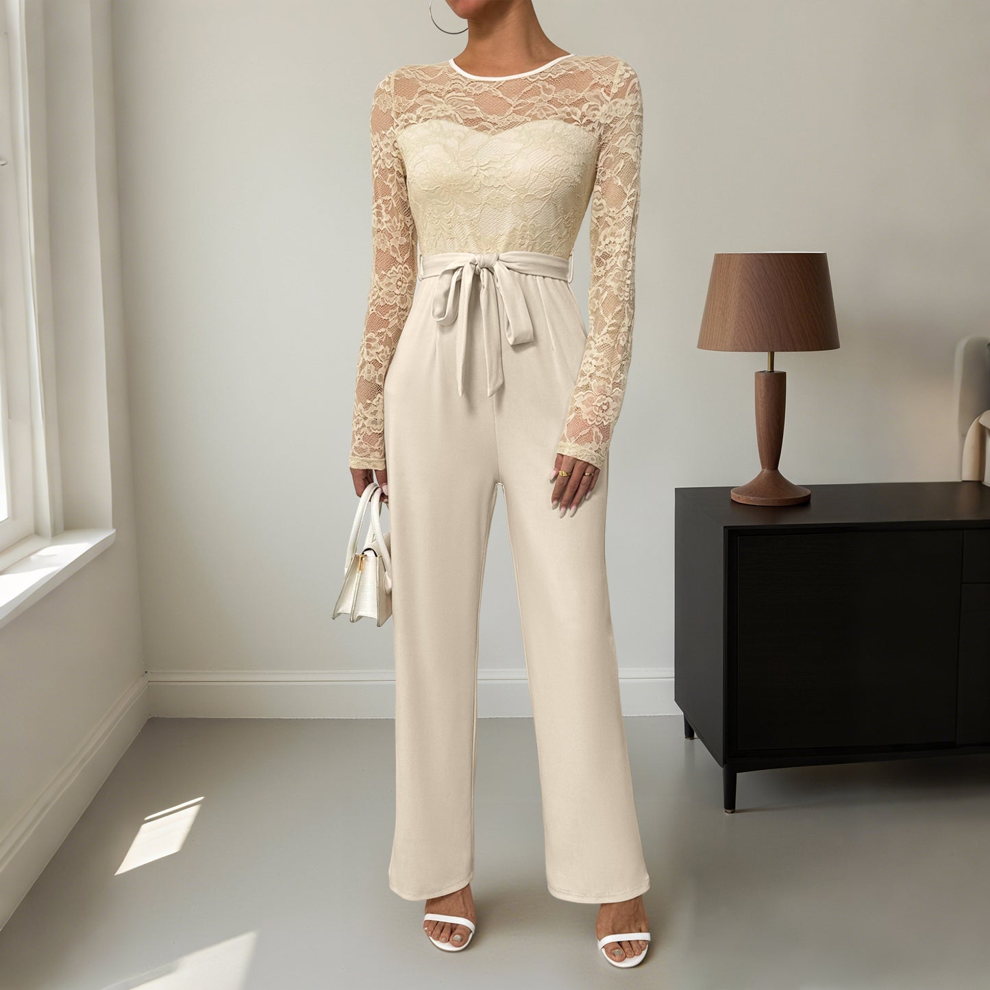 Elegant Lace Splicing Commuter Belted Jumpsuit