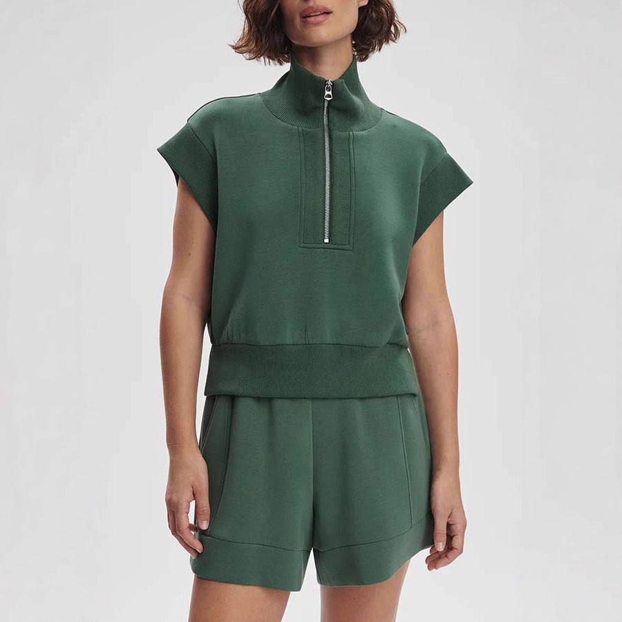 Casual Loose Two-Piece Set for Women - Short Sleeve Hoodie with Zipper Pockets and INS Style