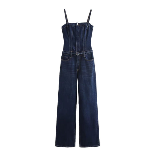 Women's Clothing Denim Long Jumpsuit with Belt