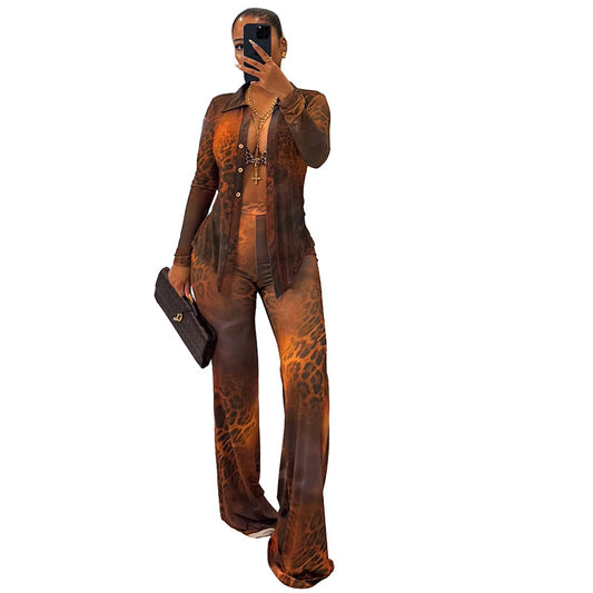 Leopard print mesh collar long sleeved button up cardigan flared pants two-piece set