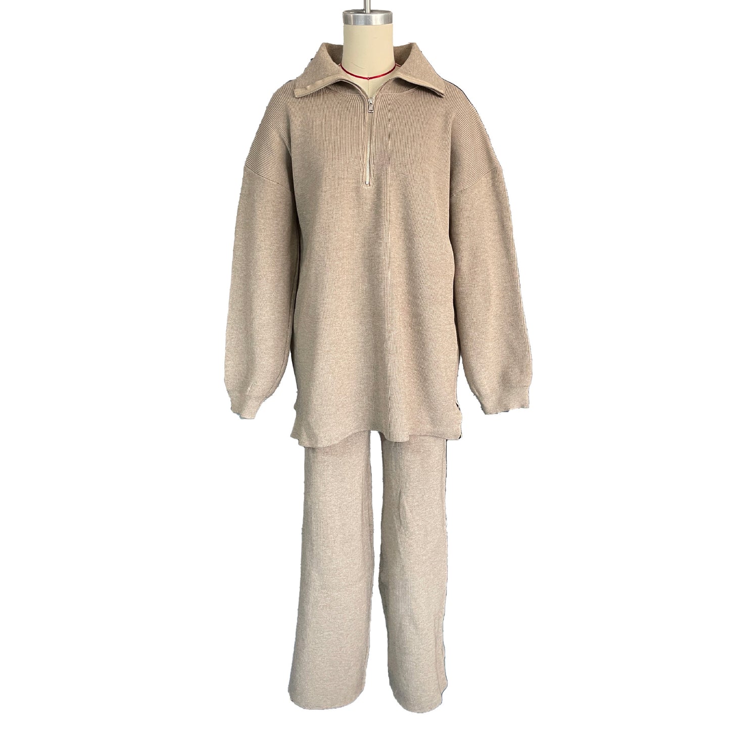 Women's Autumn and Winter Half-Zip Sweater Knit Straight Leg Long Pants Two-Piece Set