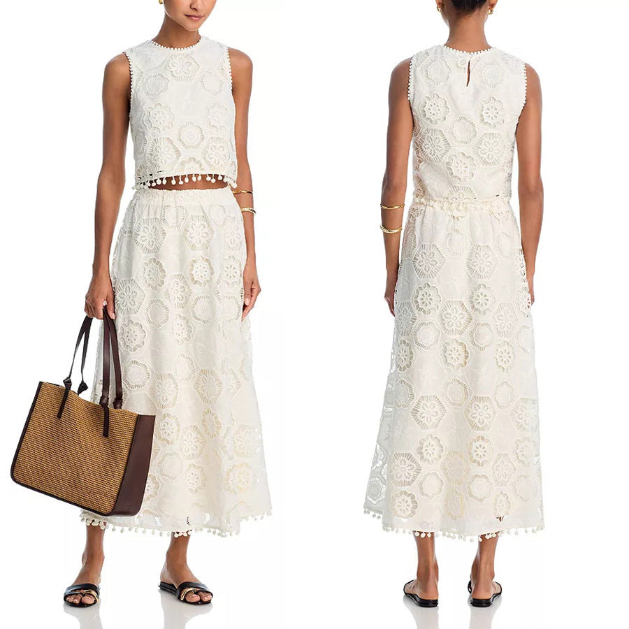Sleeveless Embroidered A-line Skirt Set INS Casual Loose Vacation Two-piece Suit