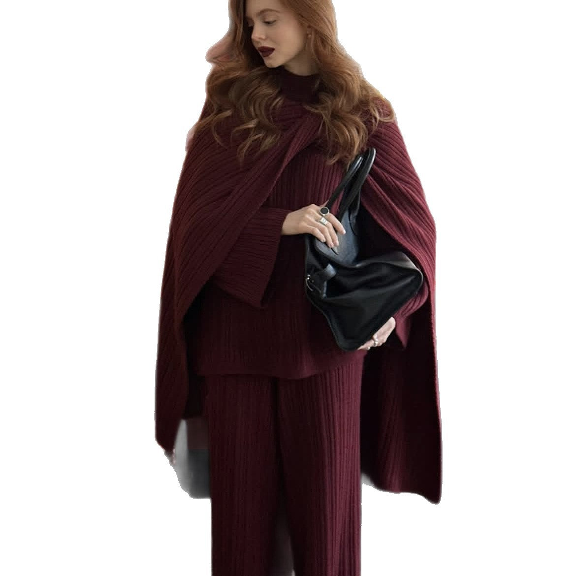 Solid Color Round Neck Cable Knit Sweater Set Women's Loose Knit Sweater Wide Leg Pants Scarf Three-Piece Set