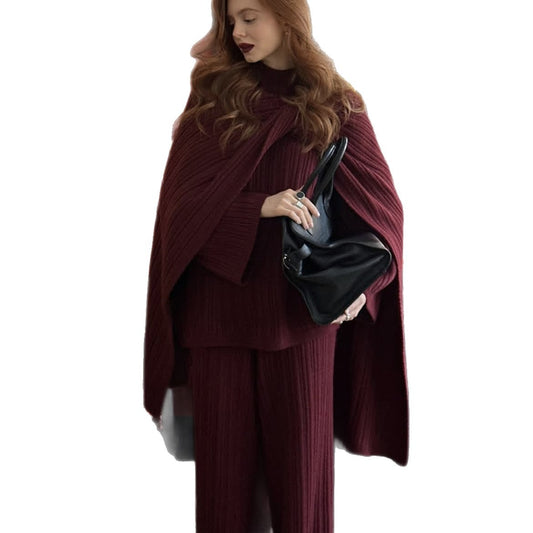 Solid Color Round Neck Cable Knit Sweater Set Women's Loose Knit Sweater Wide Leg Pants Scarf Three-Piece Set