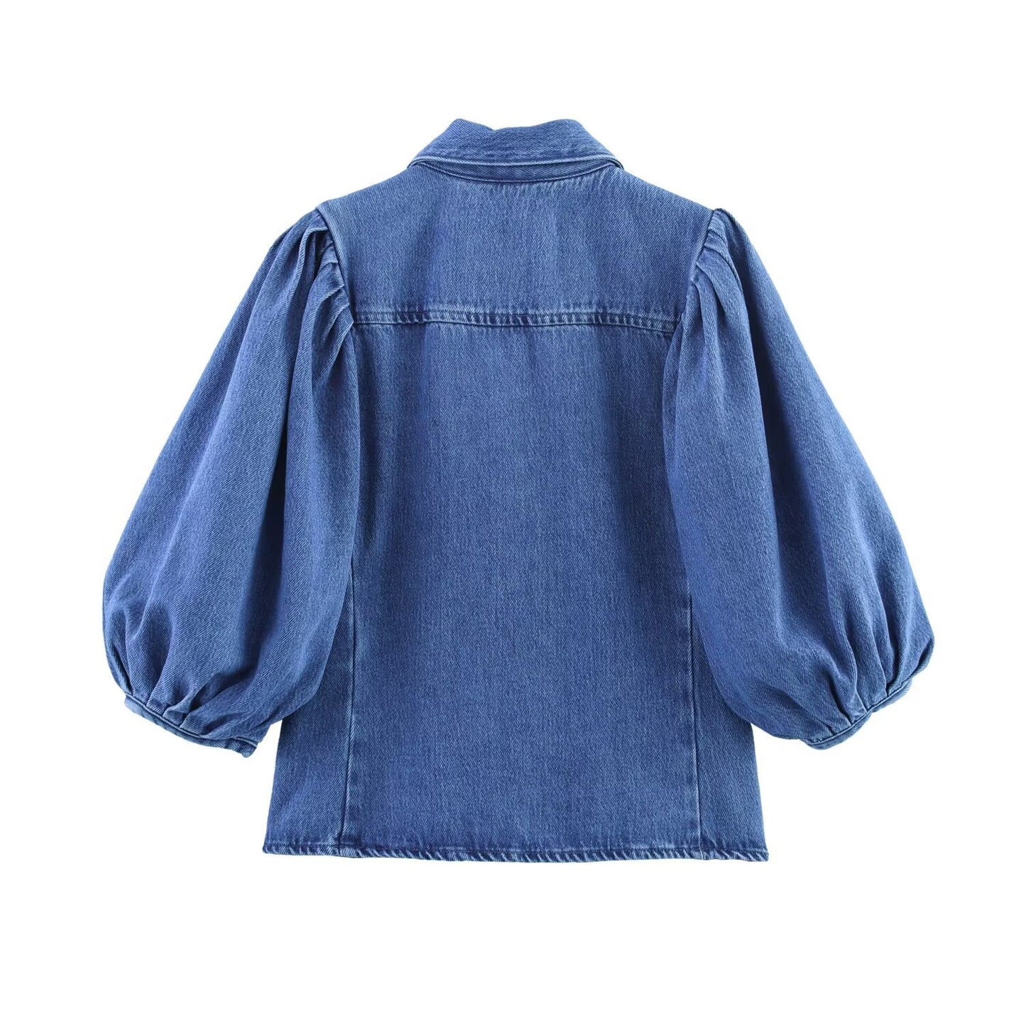Women's Fashion Versatile Denim Polo Collar Bubble Sleeve Shirt + Long Pants Set