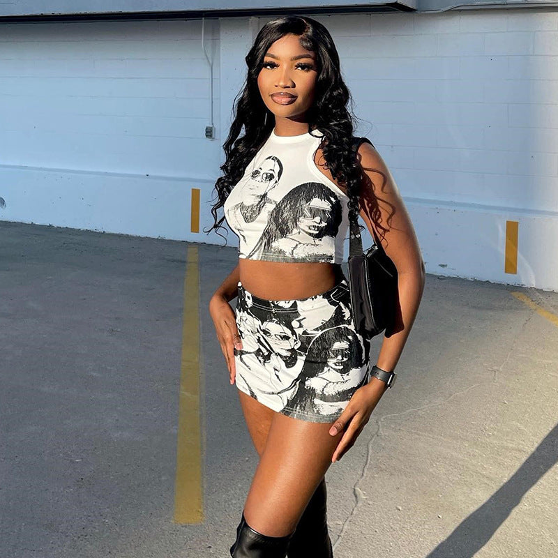 Round Neck Cartoon Print Sleeveless Short Top and Skirt Set for Women