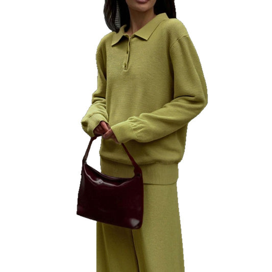 Solid Color Turn-down Collar Sweater Set Women's Loose Knit Polo Collar Sweater Wide-leg Pants Two-piece Set