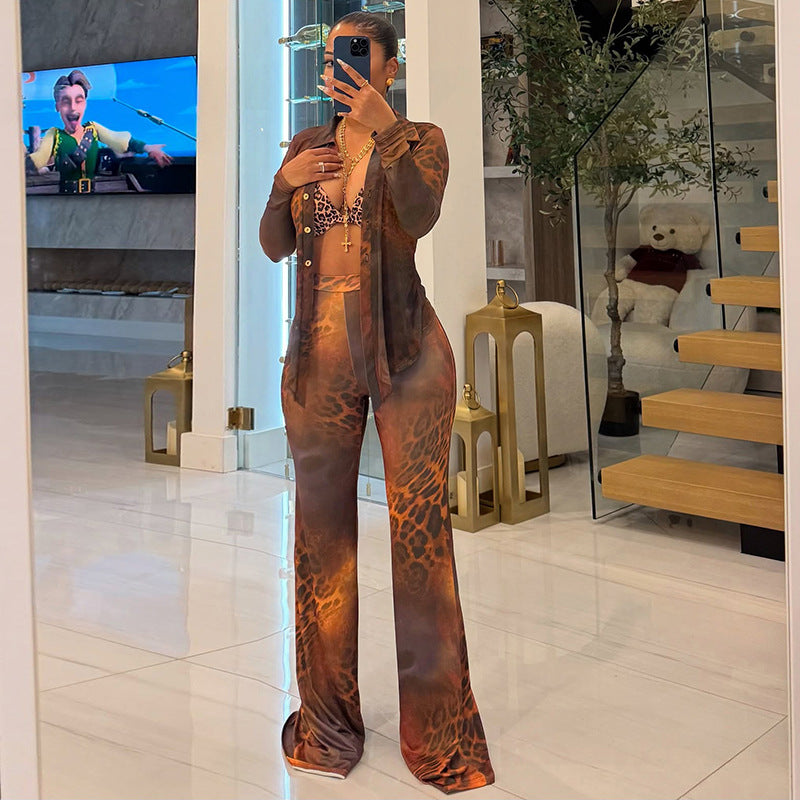 Leopard print mesh collar long sleeved button up cardigan flared pants two-piece set