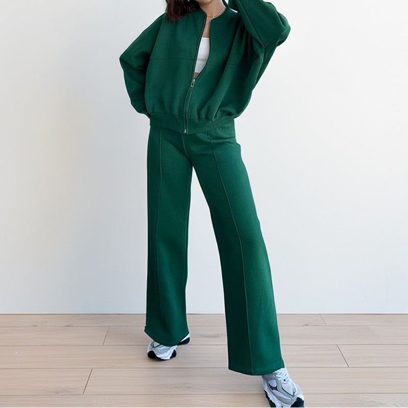 Pure Color Zipper Cardigan Women's  Casual Spring Women's Set