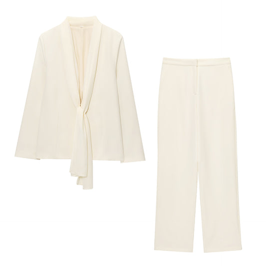 Women's Thin Scarf Lapel Blazer + Straight Leg Pants