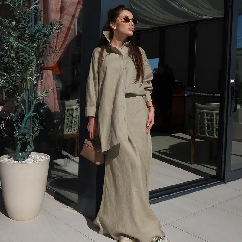 Collar loose long sleeved shirt high waisted skirt set