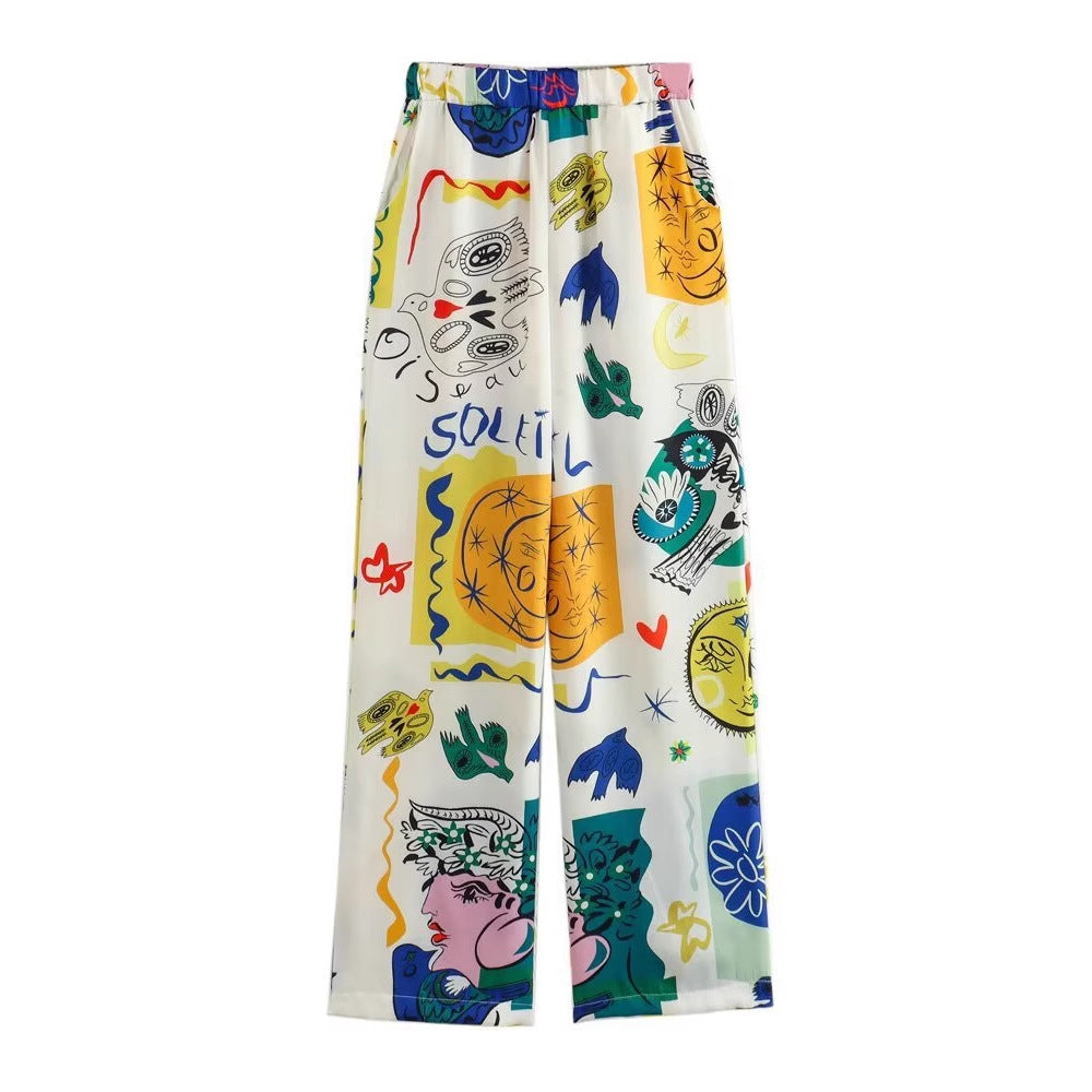 Women's Clothing Unique Graffiti Lantern Sleeve Cardigan Casual Fashion Printed Shirt + Long
