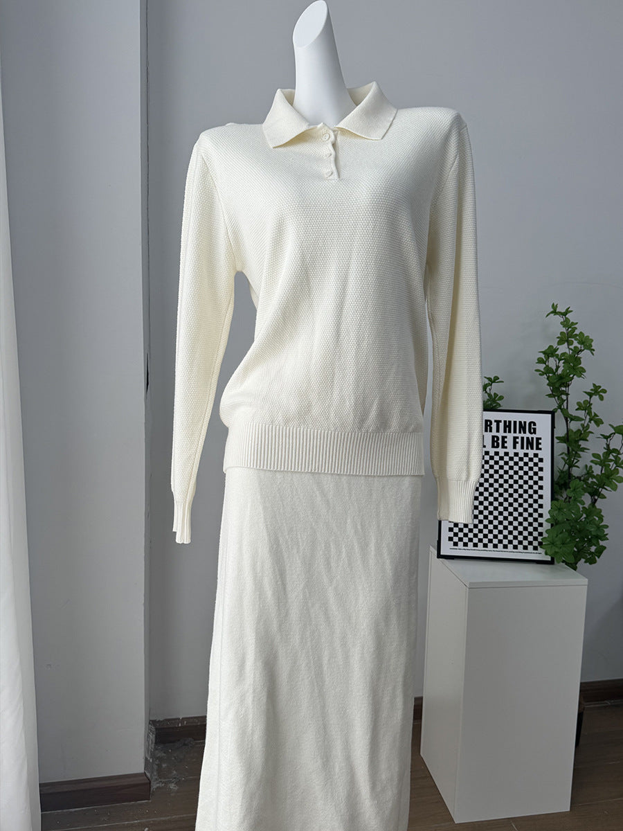 Solid Color Turn-down Collar Sweater Set Women's Loose Knit Polo Collar Sweater Wide-leg Pants Two-piece Set