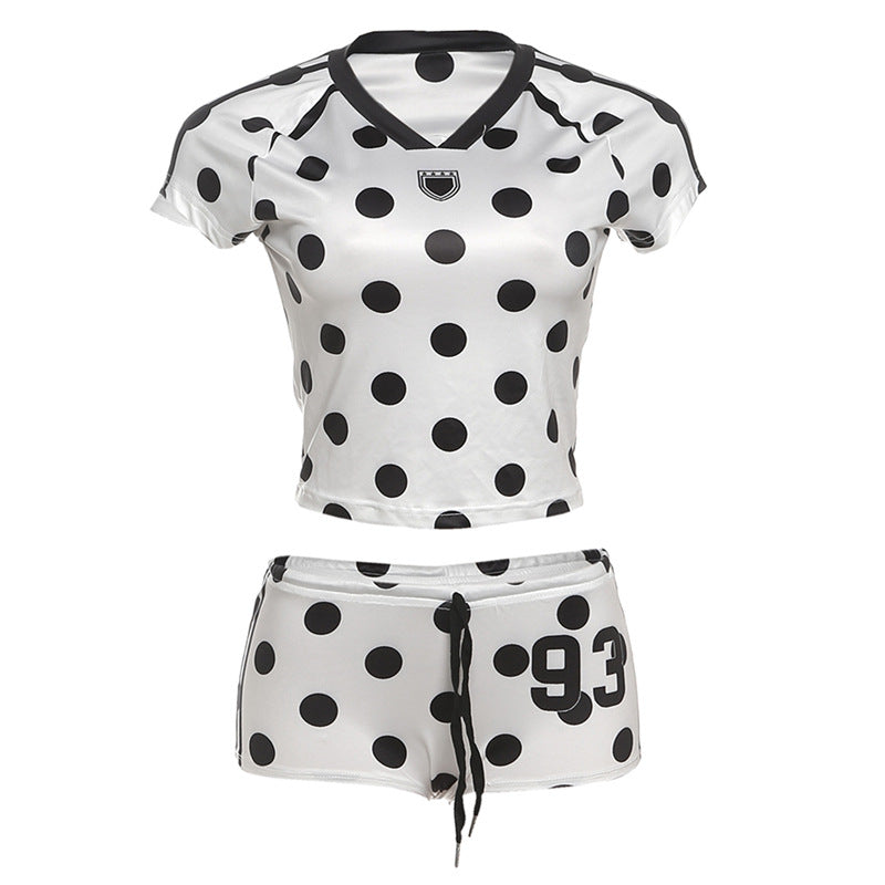 Slim Digital Print Short Sleeve Top High Waist Hip-lifting Shorts Set for Women