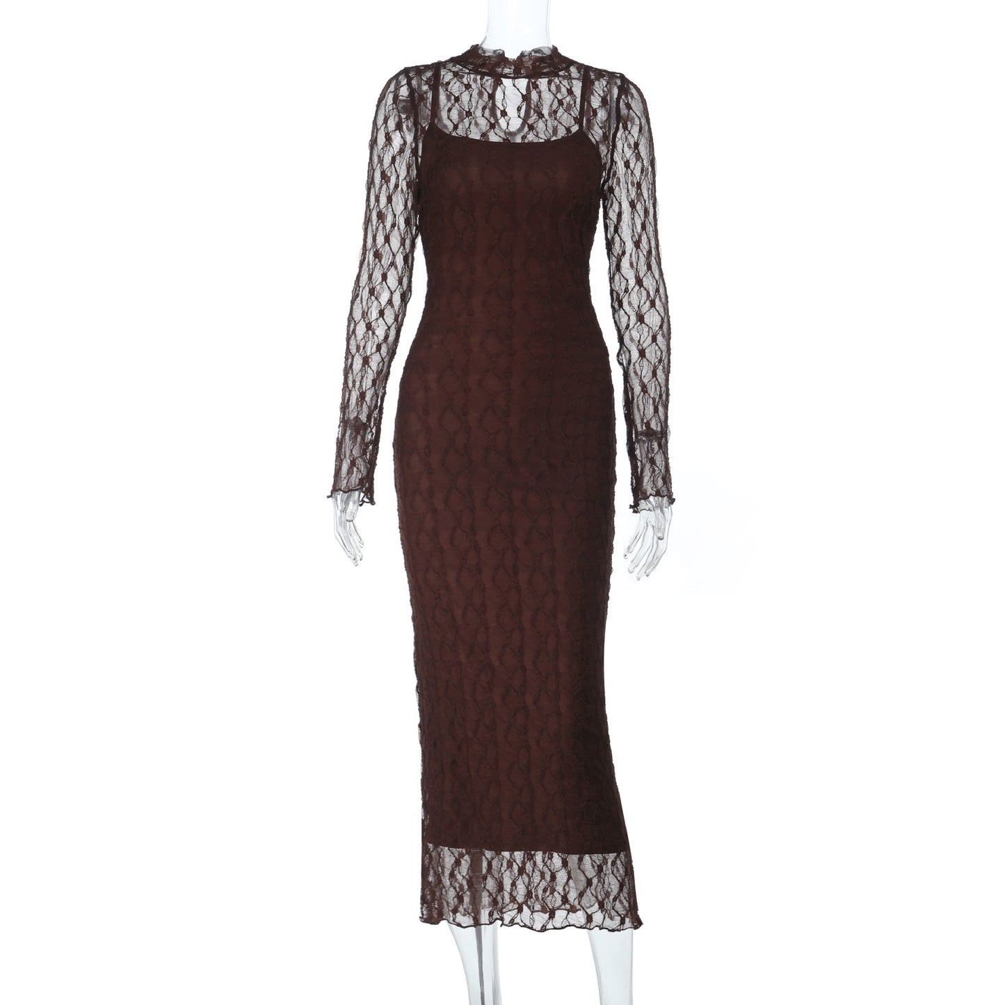 Sexy Mesh Hollow-out Long Sleeve Strap Dress Set