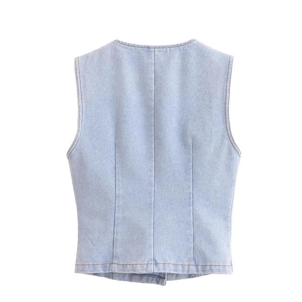 Women's Denim Vest + Front Slit Design Denim Skirt Set