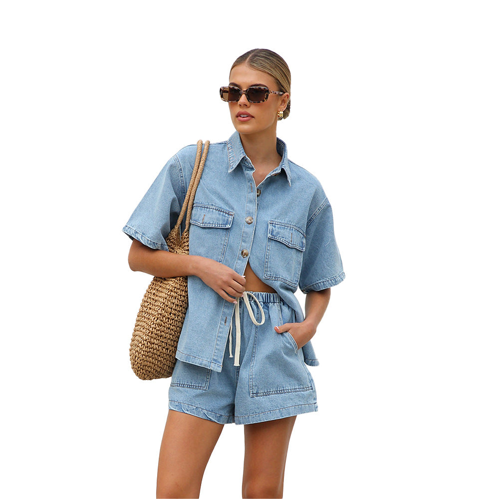 Loose pocket short sleeved shirt shorts denim two-piece set