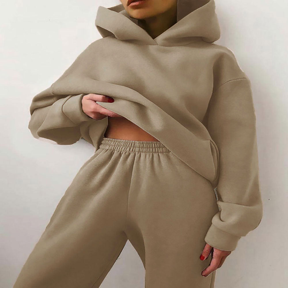 Women's Spring Hooded Set Solid Color Casual  Sports Sweatshirt Set