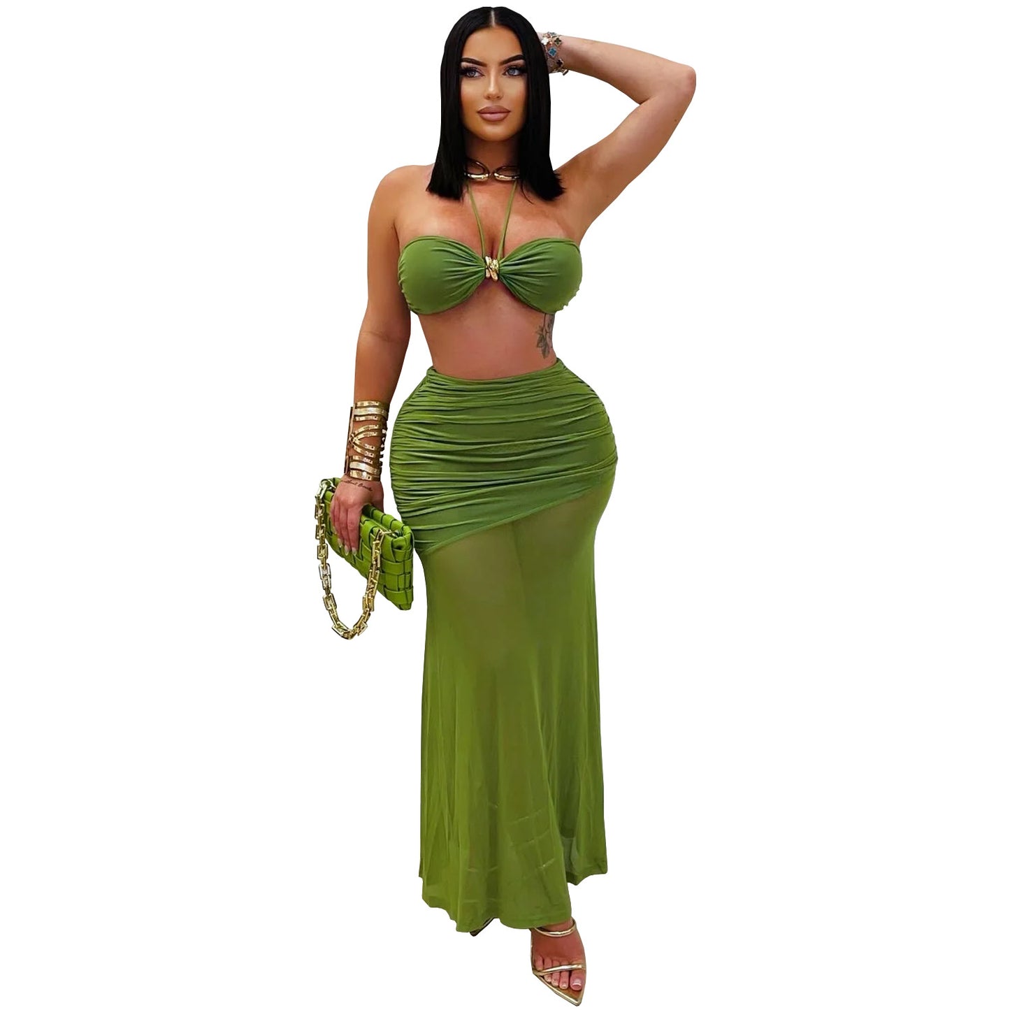 Style Women's Sexy Strapless Pleated Mesh Long Skirt