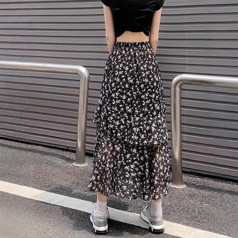 Chiffon Floral Leaf Hem Slit High Waist A-line Skirt Women Spring Summer New Loose Slim Fit Midi Dress