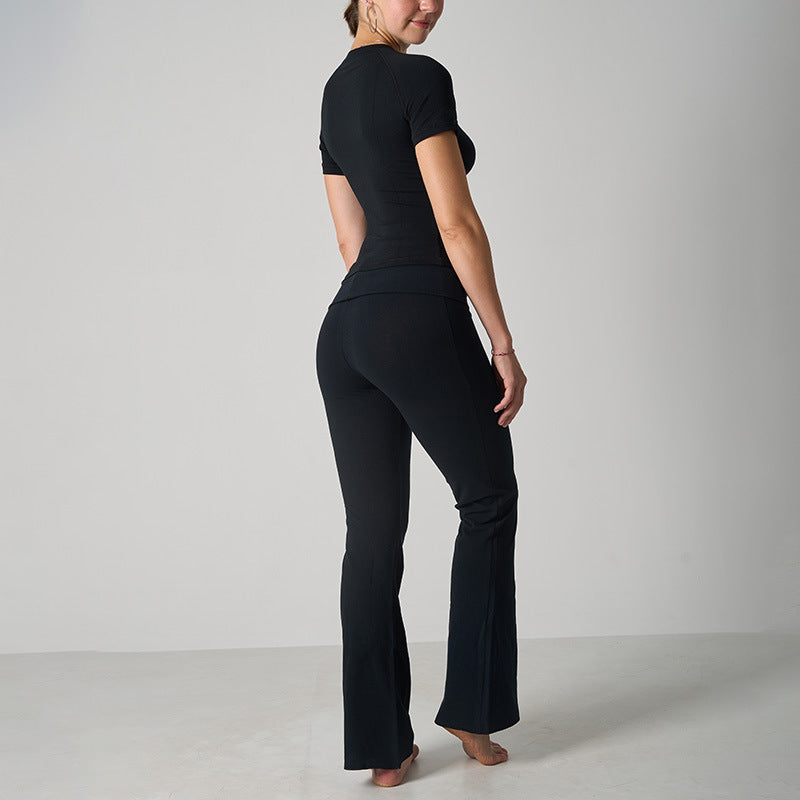 Classic Cotton Jersey Set -Casual Yoga Flare Pants with Short Sleeve