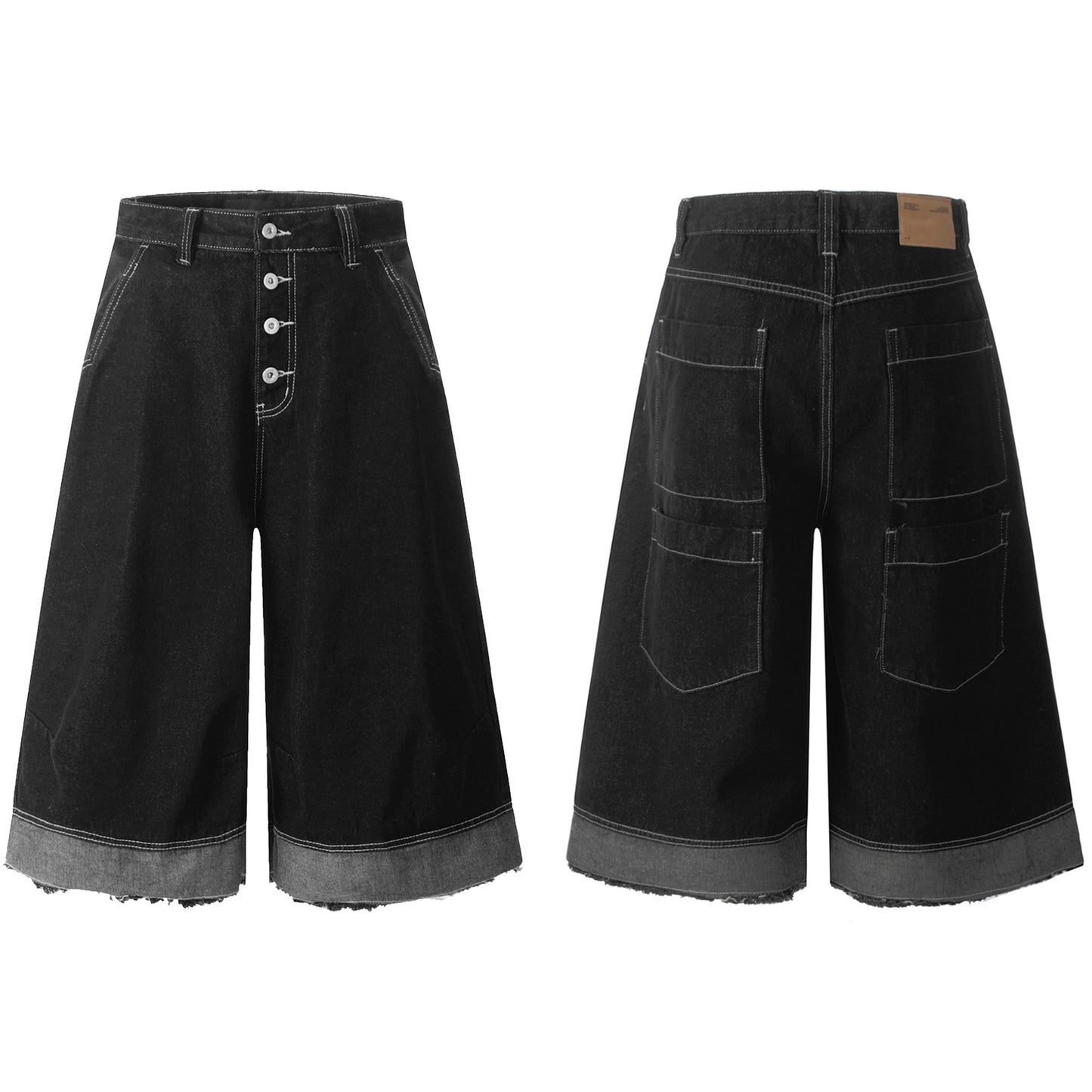 Black Loose Fit Three-Dimensional Button Frayed Hem Tassel Trendy Casual Shorts