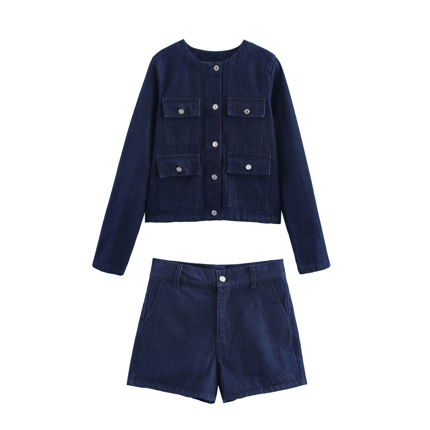 Women's Denim Jacket with Pocket Decoration + Shorts Set
