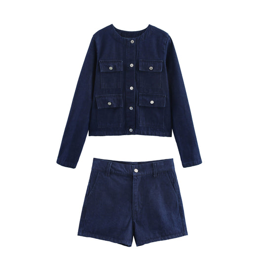 Women's Denim Jacket with Pocket Decoration + Shorts Set