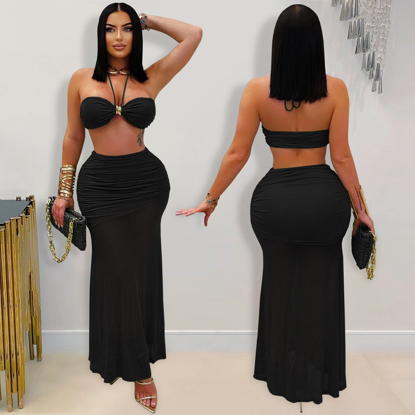 Style Women's Sexy Strapless Pleated Mesh Long Skirt