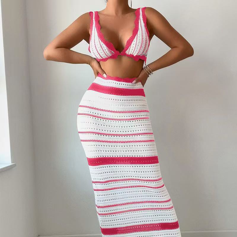 Women's Knitted Strap Camisole Top and Skirt Fashion Set