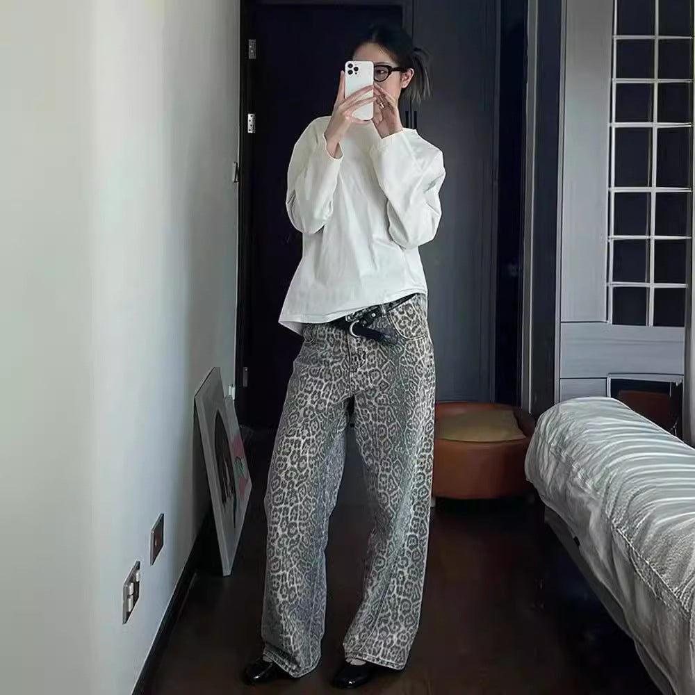 Retro Leopard Print Denim Pants Street Hip Hop Beige Straight Wide Leg High Waist Loose Denim Pants for Women